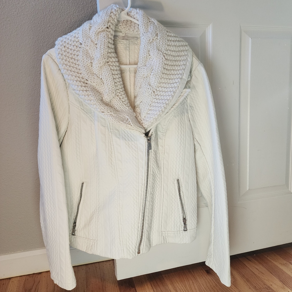 NY&C Faux Leather Knit White Coat Large